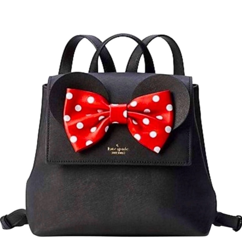 Kate Spade Minnie Mouse Backpack. NWOT. Black Leather Iconic Red Polka Dot Bow.